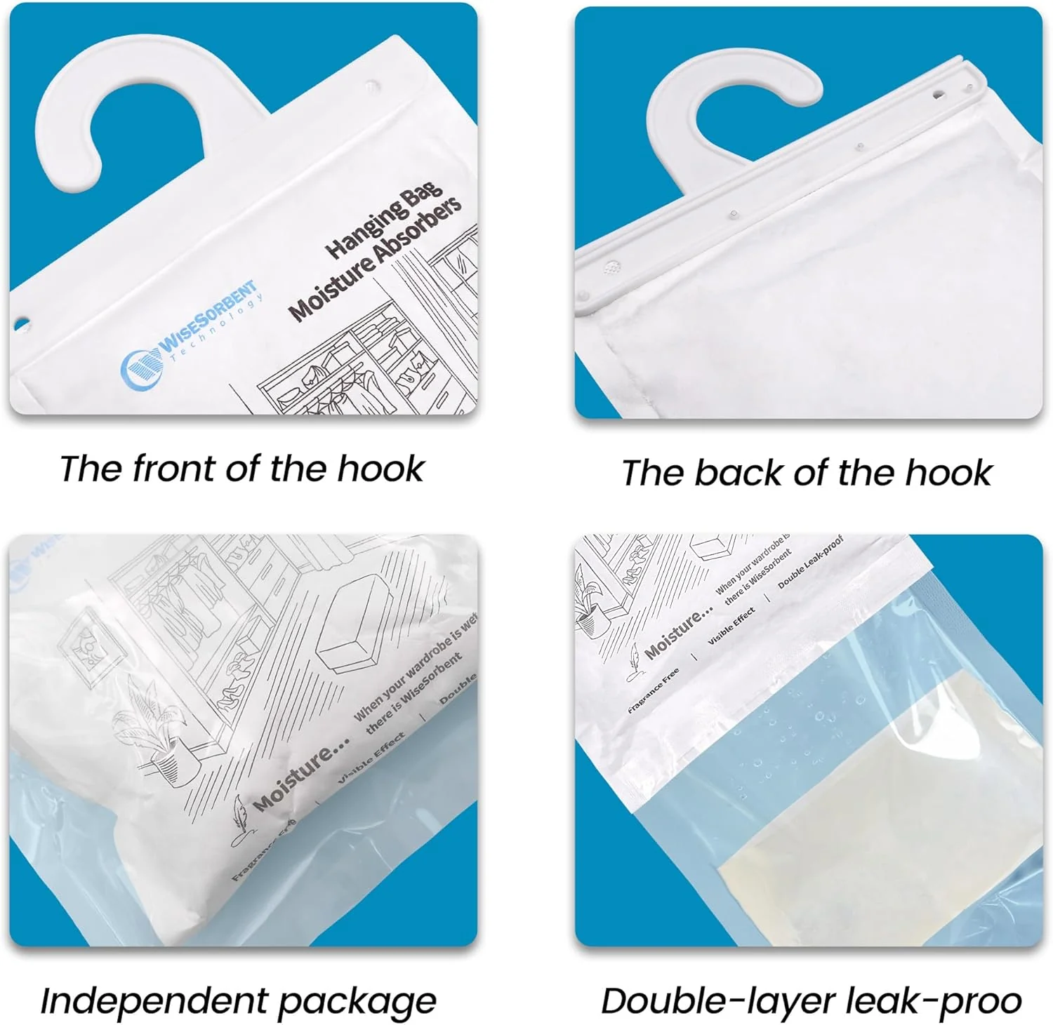 Moisture Absorber Hanging Bags - 17.6 oz Fragrance-Free Large Dehumidifier for Closet, Bathroom, Bedroom – Double Leak-Proof Design & Dual-Sided Absorption - Image 5