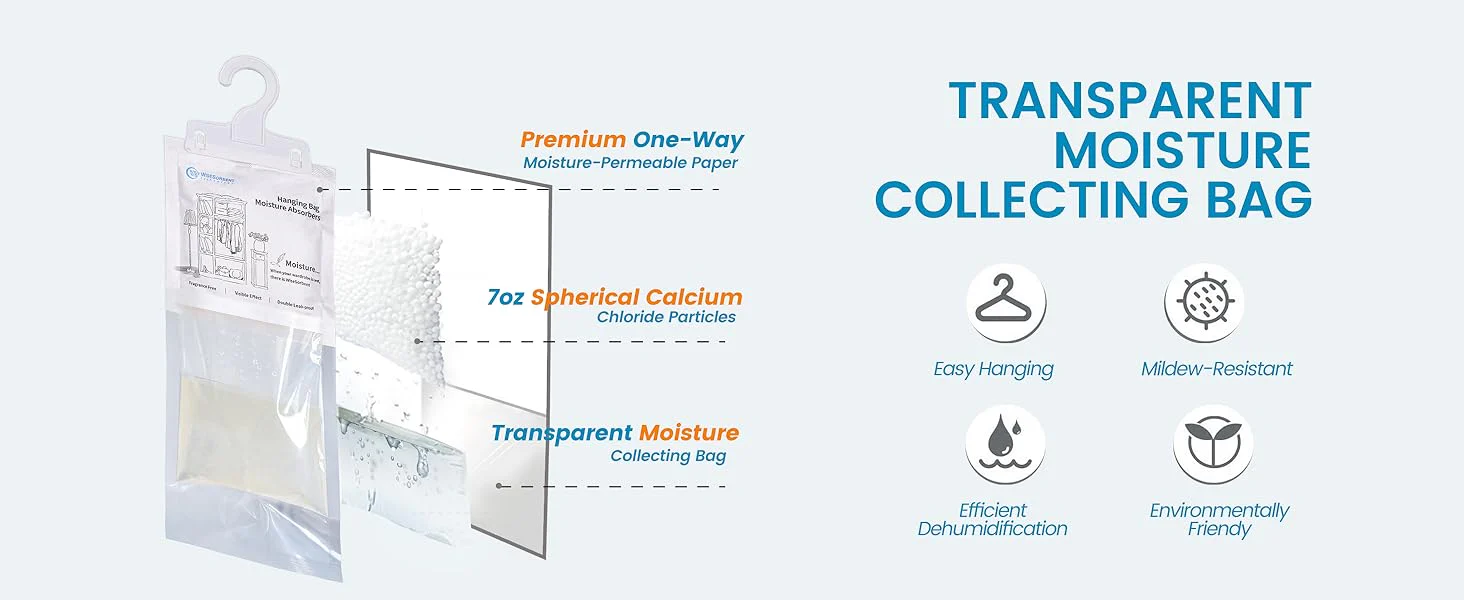 Moisture Absorber Hanging Bags - 17.6 oz Fragrance-Free Large Dehumidifier for Closet, Bathroom, Bedroom – Double Leak-Proof Design & Dual-Sided Absorption - Image 8